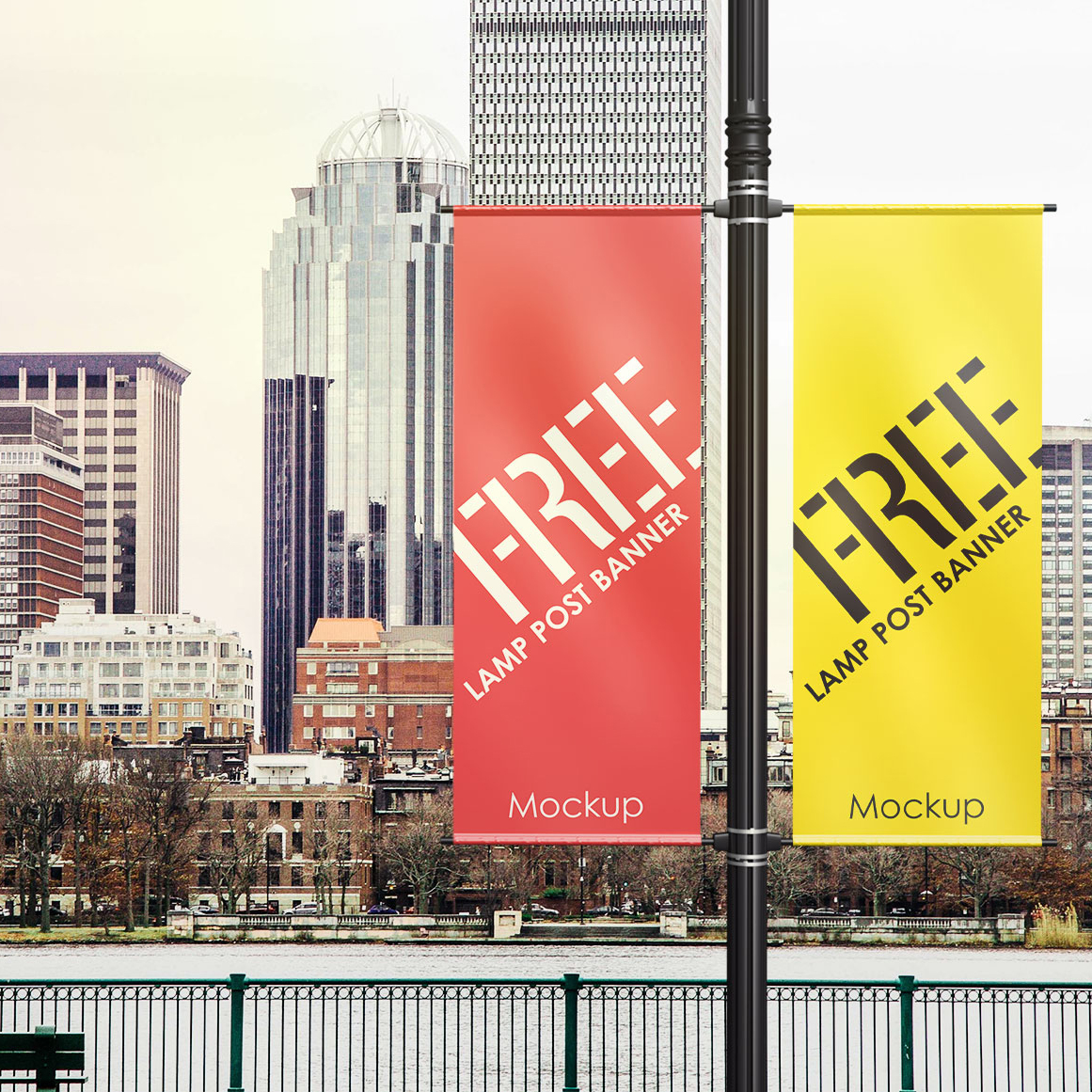 Free-Outdoor-Advertising-Lamp-Post-Banner-Mockup-PSD